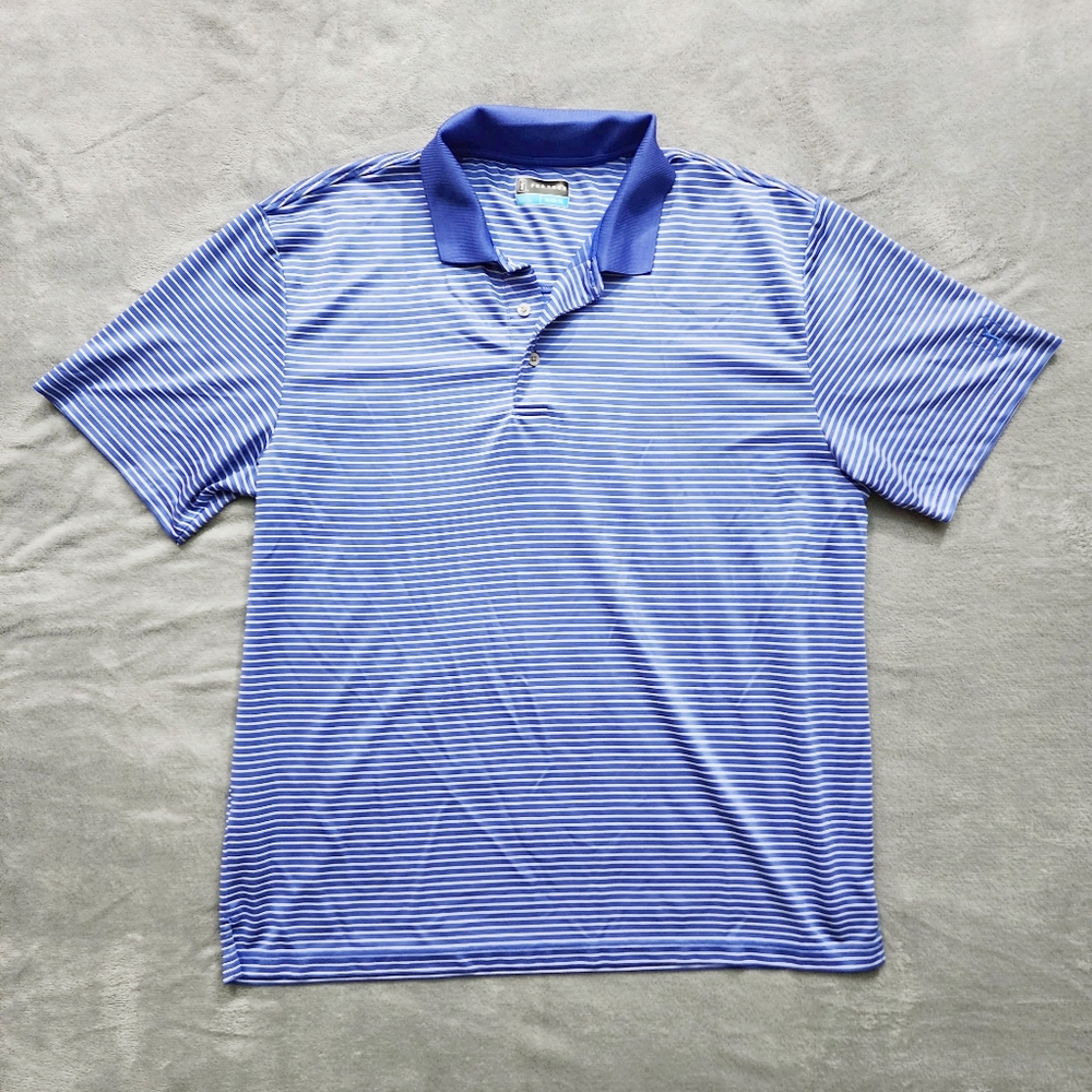 PGA Tour Blue White Striped Three Button Short Sleeve Split Square Hem Polo